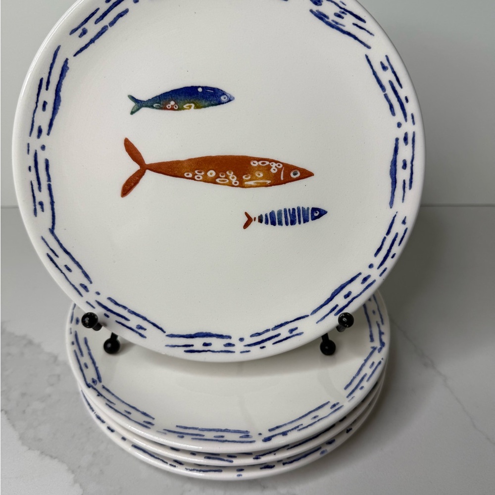 4 Dinner Plates FISH Designs Ceramic Made in Turkey 10.5” New